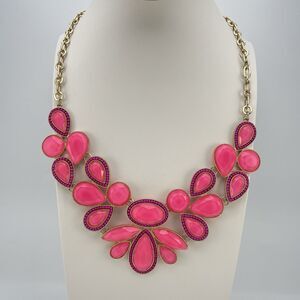 Stunning Gold Tone Pink Acrylic Rhinestone Bib Necklace Statement Boho Fun